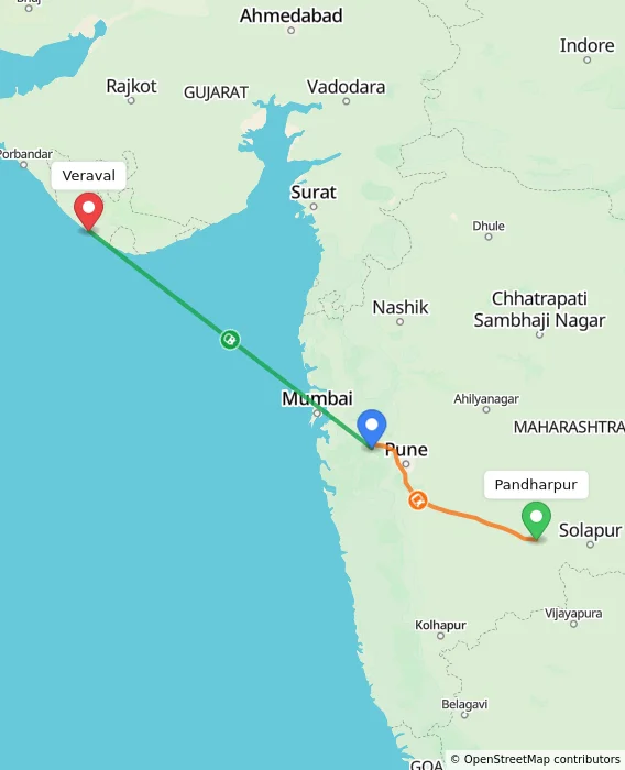Route map showing distance and travel time from Pandharpur, India to Veraval, India