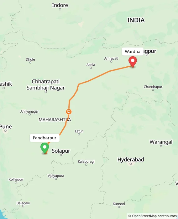 Route map showing distance and travel time from Pandharpur, India to Wardha, India