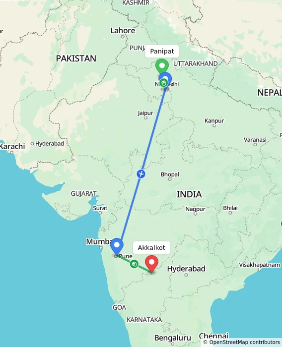 Route map showing distance and travel time from Panipat, India to Akkalkot, India