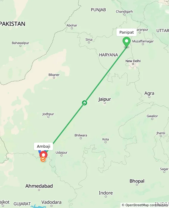 Route map showing distance and travel time from Panipat, India to Ambaji, India