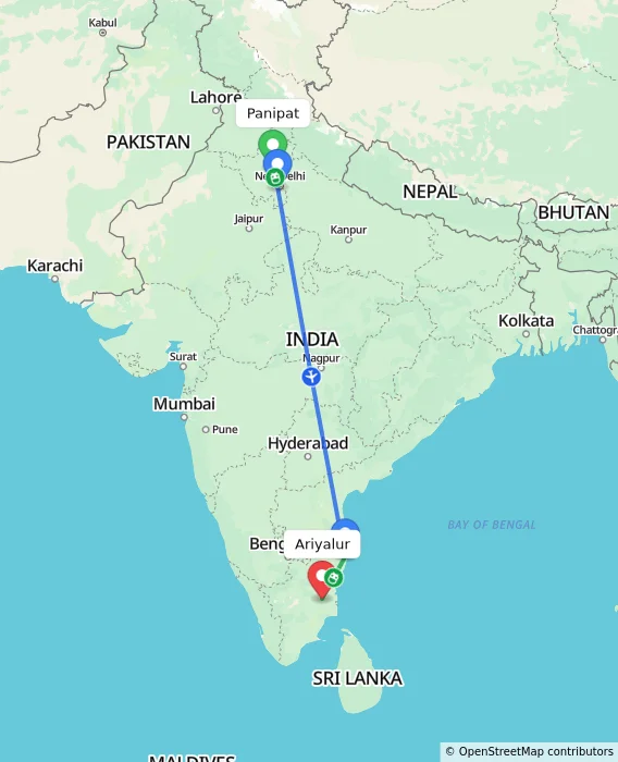 Route map showing distance and travel time from Panipat, India to Ariyalur, India