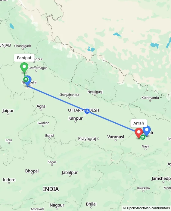 Route map showing distance and travel time from Panipat, India to Arrah, India