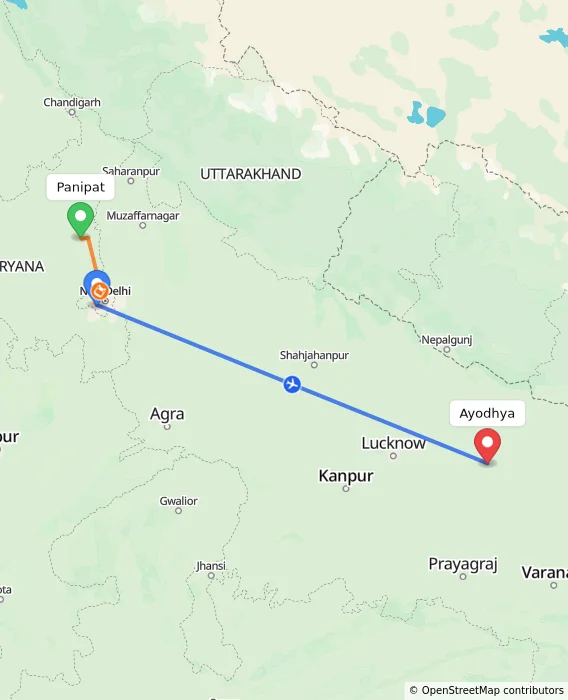 Route map showing distance and travel time from Panipat, India to Ayodhya, India