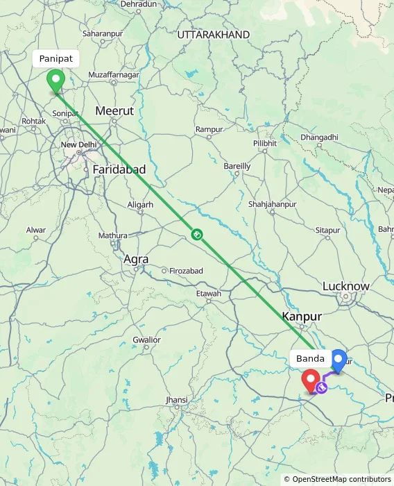 Route map showing distance and travel time from Panipat, India to Banda, India
