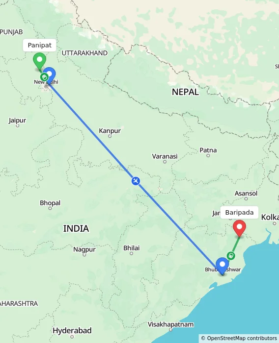 Route map showing distance and travel time from Panipat, India to Baripada, India