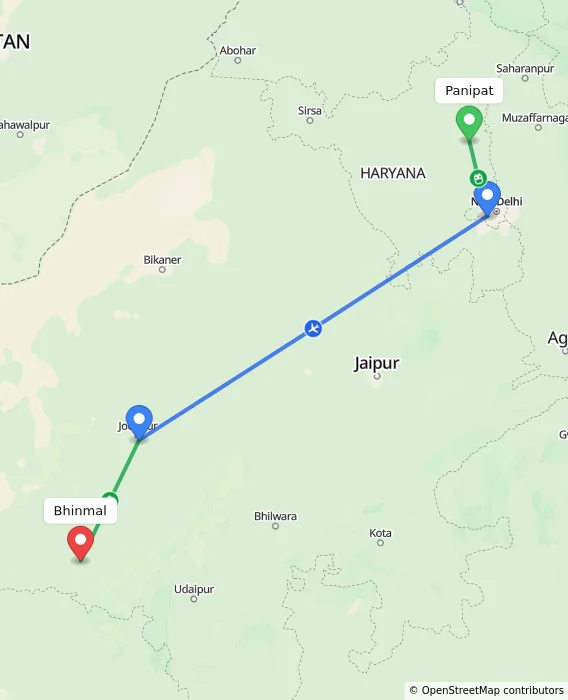 Route map showing distance and travel time from Panipat, India to Bhinmal, India