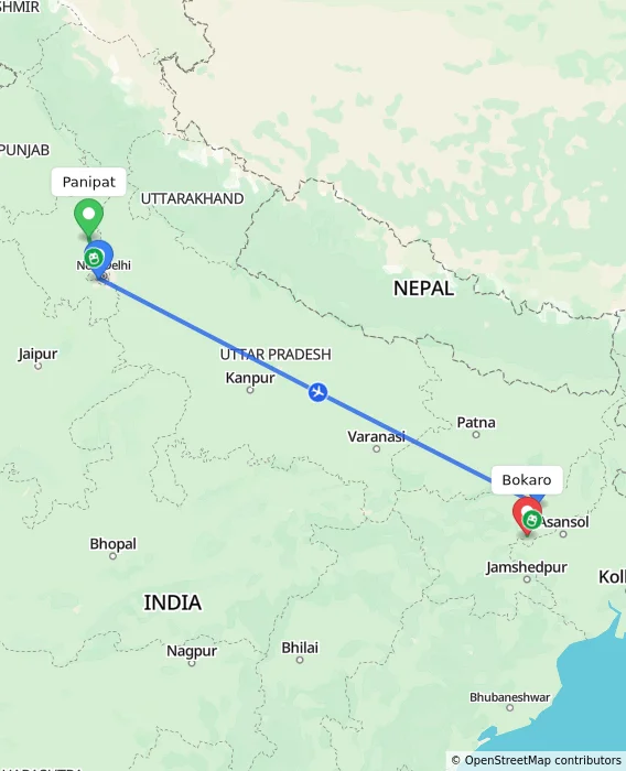 Route map showing distance and travel time from Panipat, India to Bokaro, India