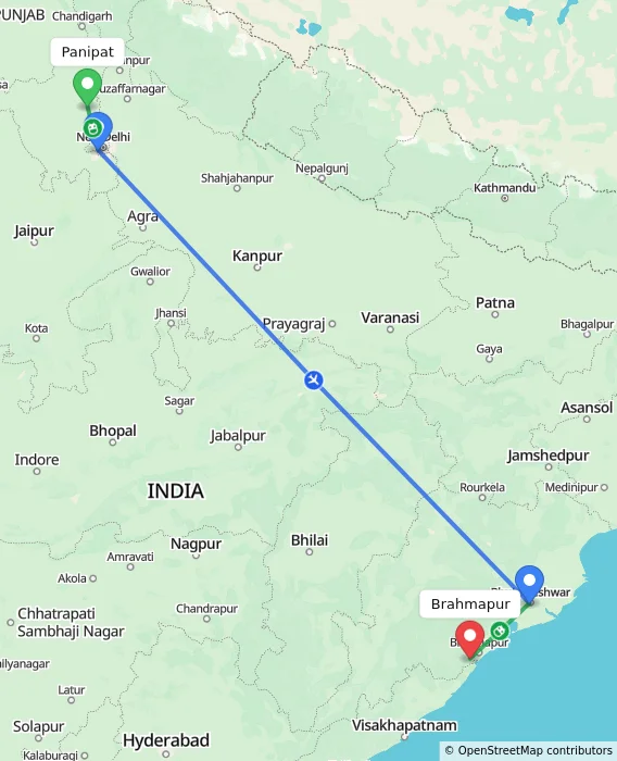 Route map showing distance and travel time from Panipat, India to Brahmapur, India