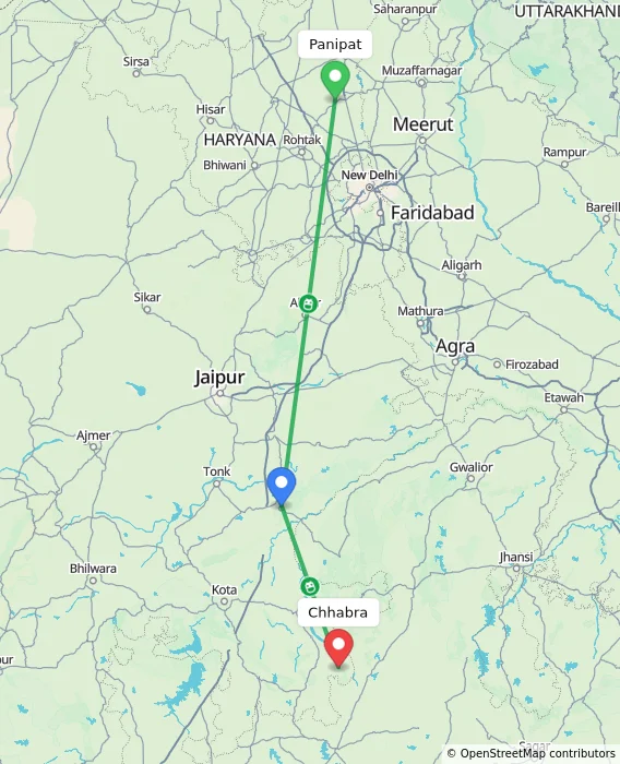 Route map showing distance and travel time from Panipat, India to Chhabra, India