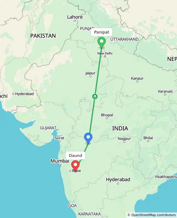 Route map showing distance and travel time from Panipat, India to Daund, India