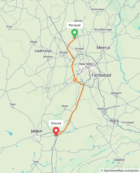 Route map showing distance and travel time from Panipat, India to Dausa, India