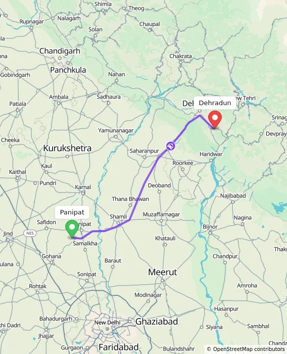 Route map showing distance and travel time from Panipat, India to Dehradun, India
