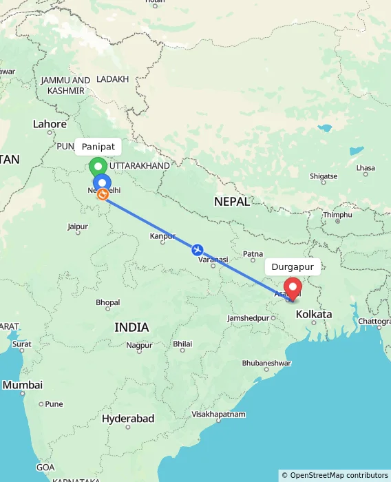 Route map showing distance and travel time from Panipat, India to Durgapur, India