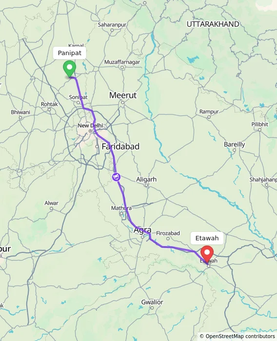 Route map showing distance and travel time from Panipat, India to Etawah, India