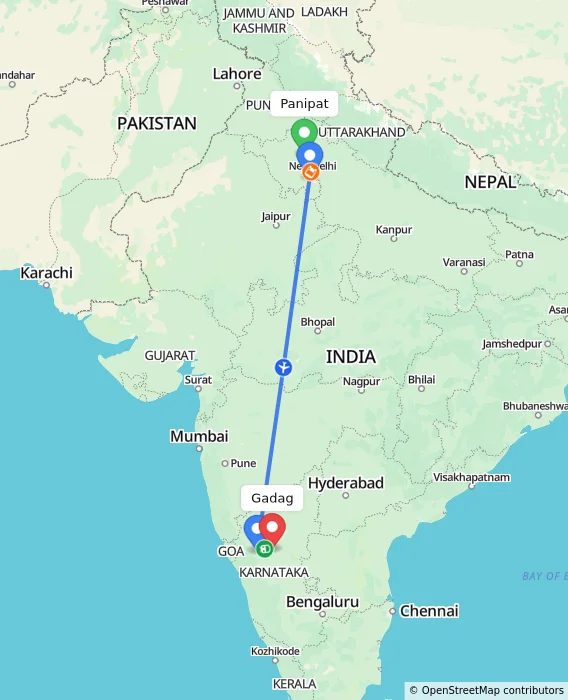 Route map showing distance and travel time from Panipat, India to Gadag, India