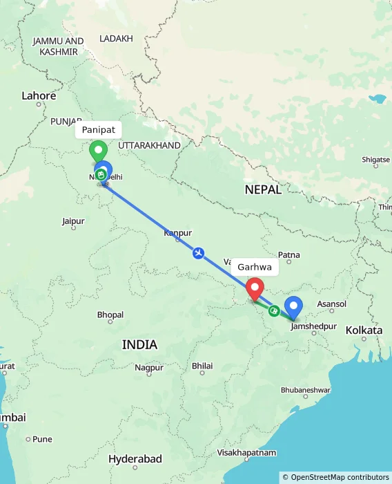 Route map showing distance and travel time from Panipat, India to Garhwa, India
