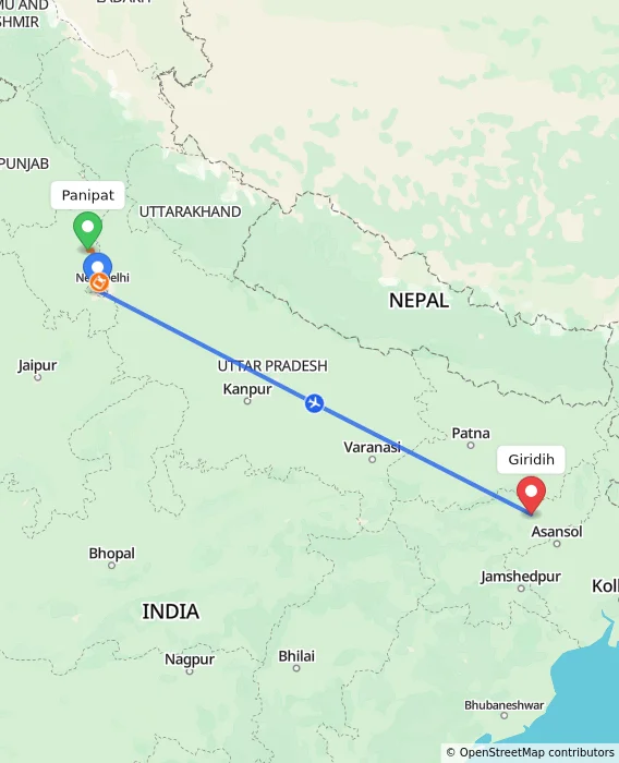 Route map showing distance and travel time from Panipat, India to Giridih, India