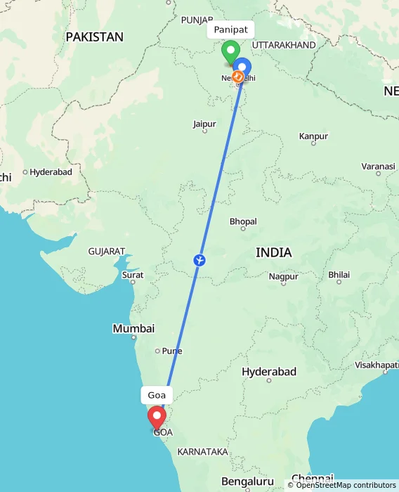 Route map showing distance and travel time from Panipat, India to Goa, India