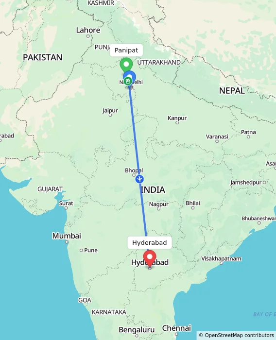 Route map showing distance and travel time from Panipat, India to Hyderabad, India