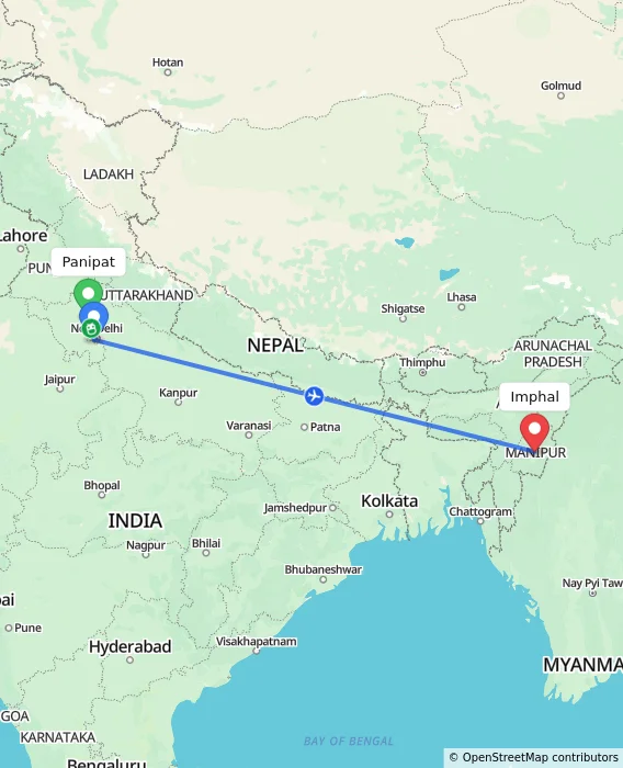 Route map showing distance and travel time from Panipat, India to Imphal, India