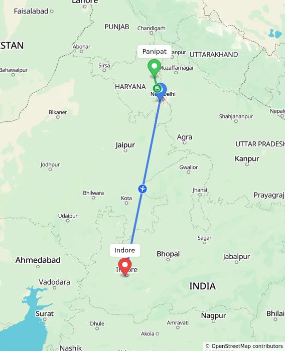 Route map showing distance and travel time from Panipat, India to Indore, India