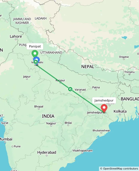 Route map showing distance and travel time from Panipat, India to Jamshedpur, India
