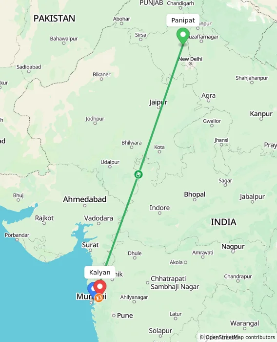 Route map showing distance and travel time from Panipat, India to Kalyan, India