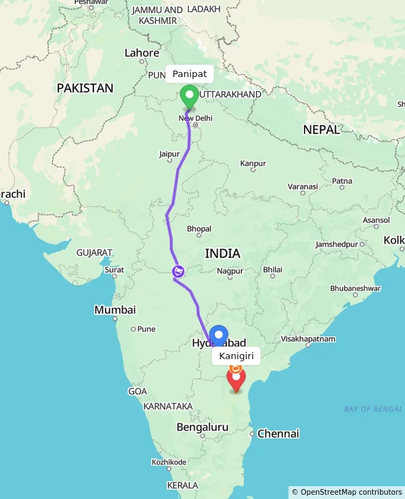 Route map showing distance and travel time from Panipat, India to Kanigiri, India