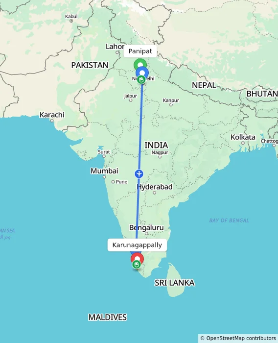 Route map showing distance and travel time from Panipat, India to Karunagappally, India