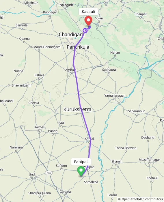 Route map showing distance and travel time from Panipat, India to Kasauli, India