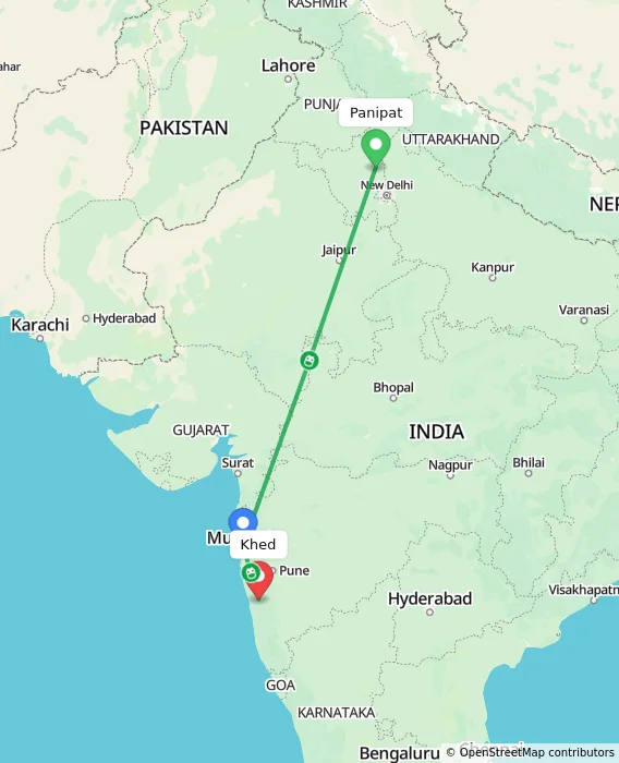 Route map showing distance and travel time from Panipat, India to Khed, India