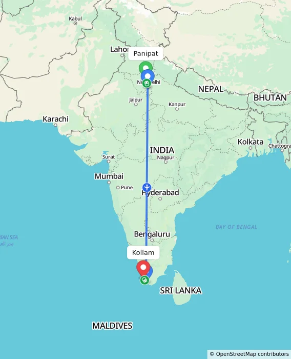 Route map showing distance and travel time from Panipat, India to Kollam, India