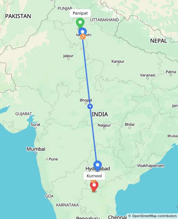 Route map showing distance and travel time from Panipat, India to Kurnool, India