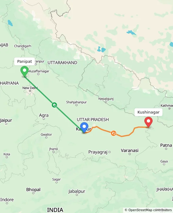 Route map showing distance and travel time from Panipat, India to Kushinagar, India