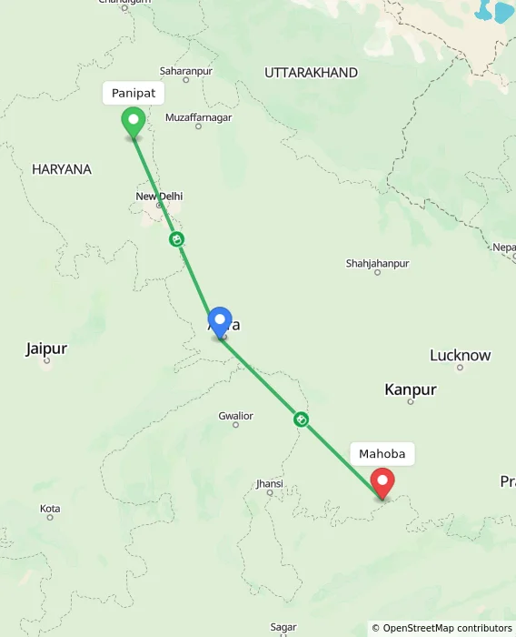 Route map showing distance and travel time from Panipat, India to Mahoba, India