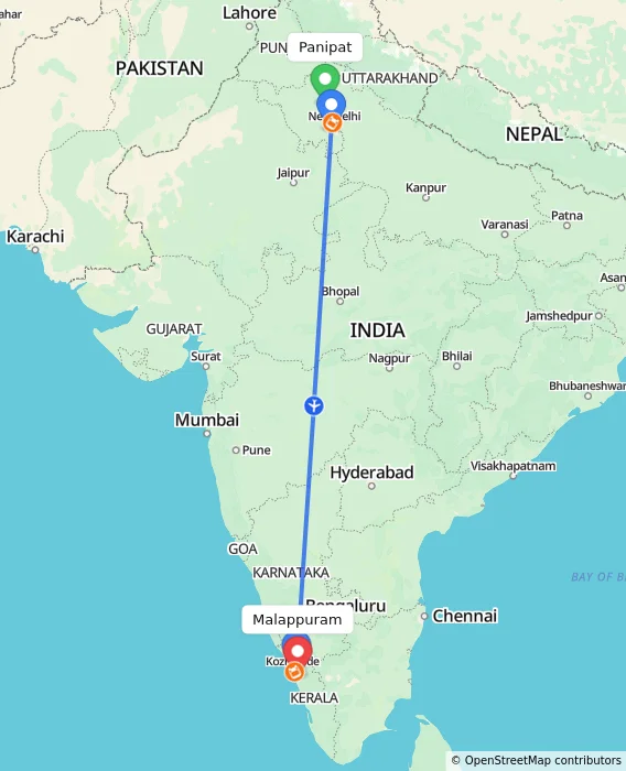 Route map showing distance and travel time from Panipat, India to Malappuram, India