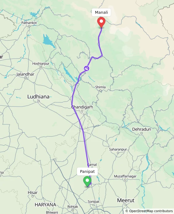 Route map showing distance and travel time from Panipat, India to Manali, India