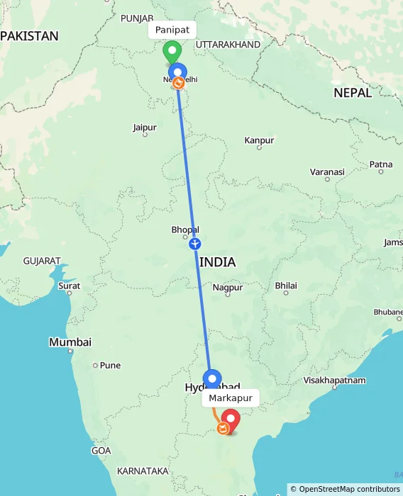 Route map showing distance and travel time from Panipat, India to Markapur, India