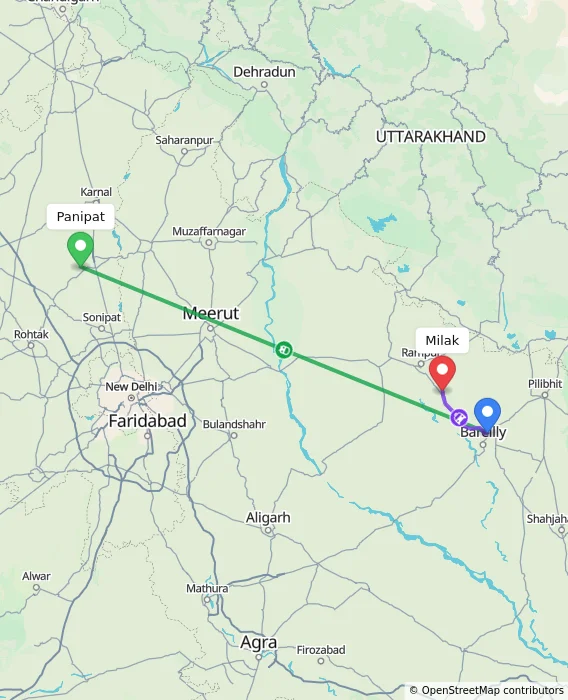 Route map showing distance and travel time from Panipat, India to Milak, India