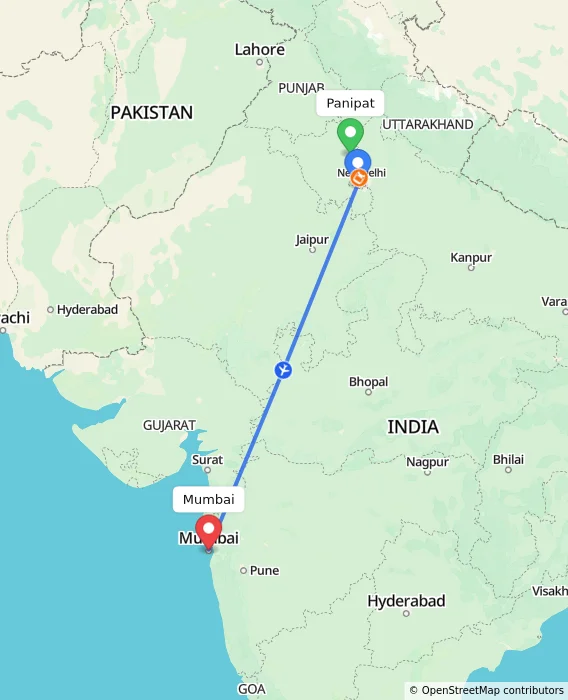 Route map showing distance and travel time from Panipat, India to Mumbai, India
