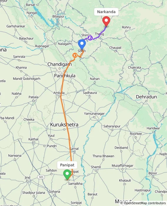 Route map showing distance and travel time from Panipat, India to Narkanda, India