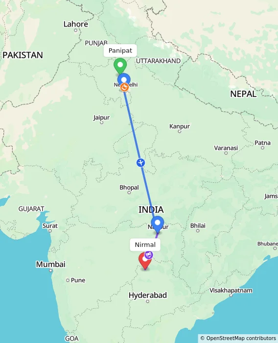 Route map showing distance and travel time from Panipat, India to Nirmal, India