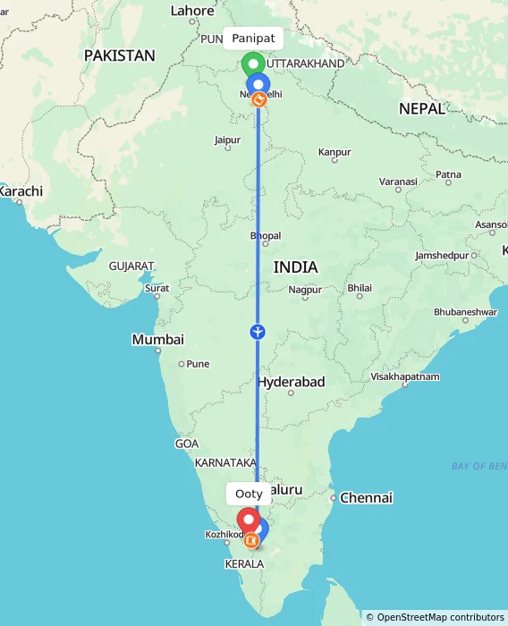Route map showing distance and travel time from Panipat, India to Ooty, India