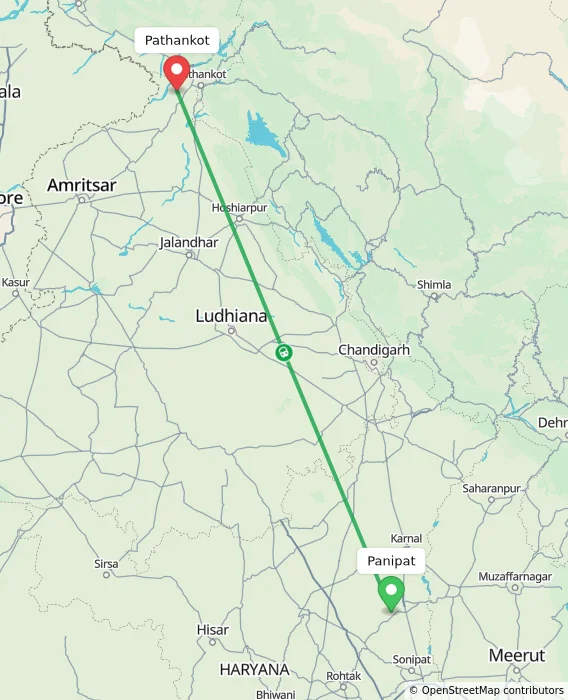 Route map showing distance and travel time from Panipat, India to Pathankot, India