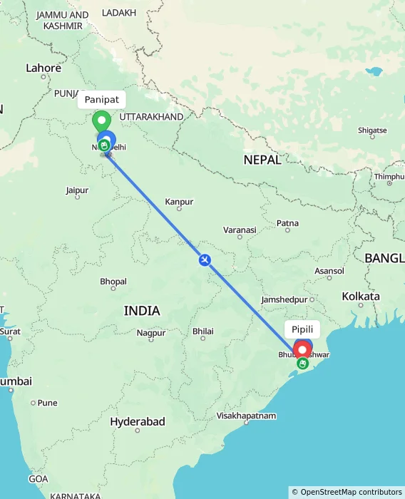 Route map showing distance and travel time from Panipat, India to Pipili, India