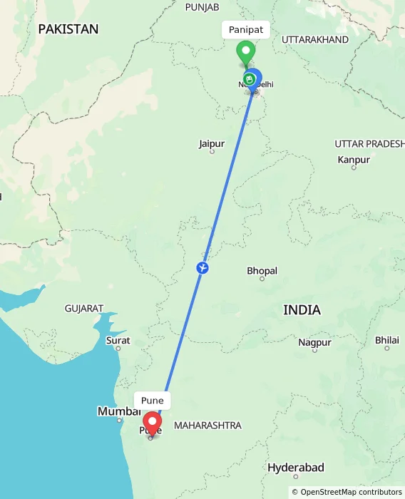Route map showing distance and travel time from Panipat, India to Pune, India