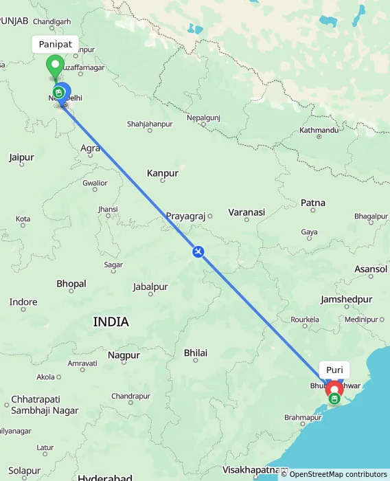 Route map showing distance and travel time from Panipat, India to Puri, India