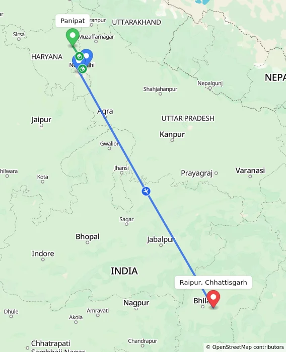 Route map showing distance and travel time from Panipat, India to Raipur, Chhattisgarh, India