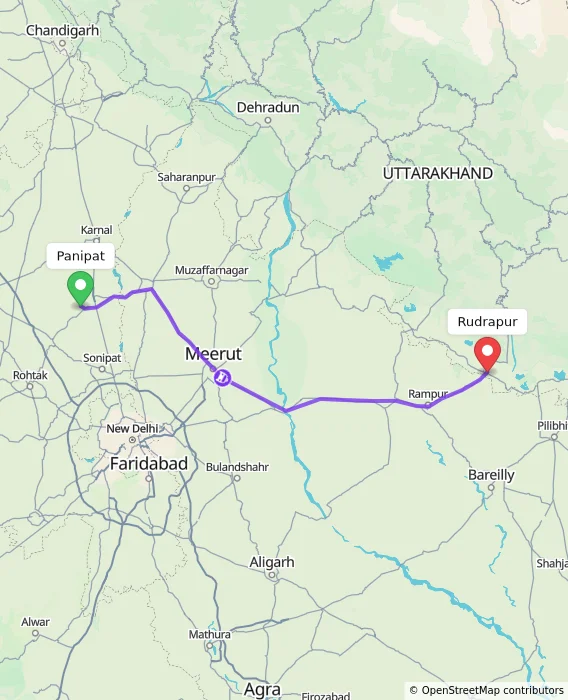 Route map showing distance and travel time from Panipat, India to Rudrapur, India