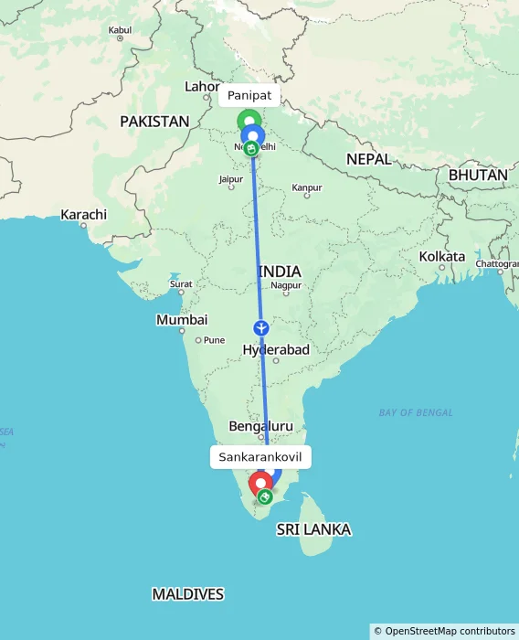 Route map showing distance and travel time from Panipat, India to Sankarankovil, India
